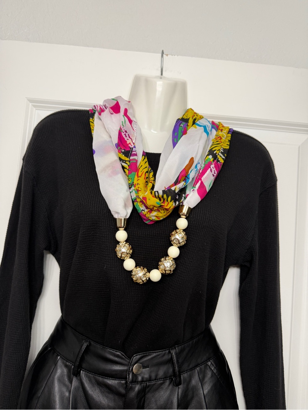 Multicolor Floral Print Necklace Scarf with Beaded Accent